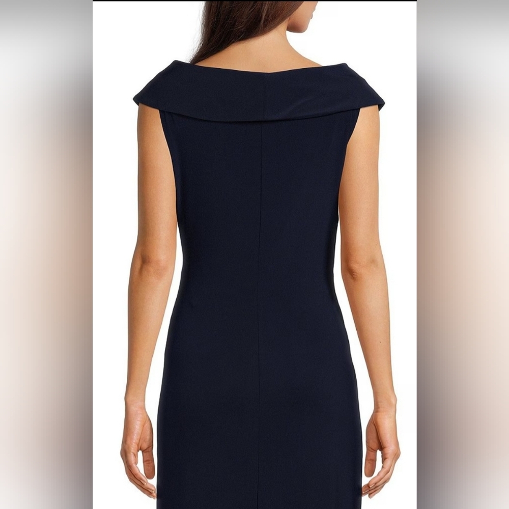 NWT Lauren Ralph Lauren Navy Portrait Collar Cap Sleeve Crepe Sheath Gown - Picture 4 of 6